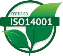 A green circular badge with two stylized leaves and the text "CERTIFIED ISO 14001" in white, indicating environmental management certification.