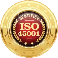 A gold circular badge with stars around the edge and a red center. The badge reads "CERTIFIED ISO 45001" in white and gold text, with laurel leaves on either side of "ISO 45001.
