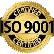 A gold seal with black text reads "ISO 9001 Certified" in bold letters, indicating certification for the ISO 9001 quality management standard.