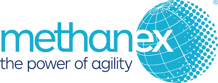 Methanex logo featuring the word "methanex" in lowercase blue letters with a large blue circle on the right and the tagline "the power of agility" below in smaller dark blue text.