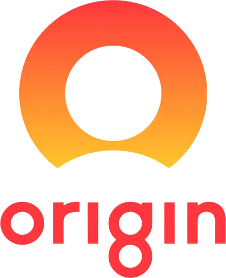 The image shows the Origin logo, featuring a circular gradient shape in orange and yellow above the word "origin" in lowercase red letters.